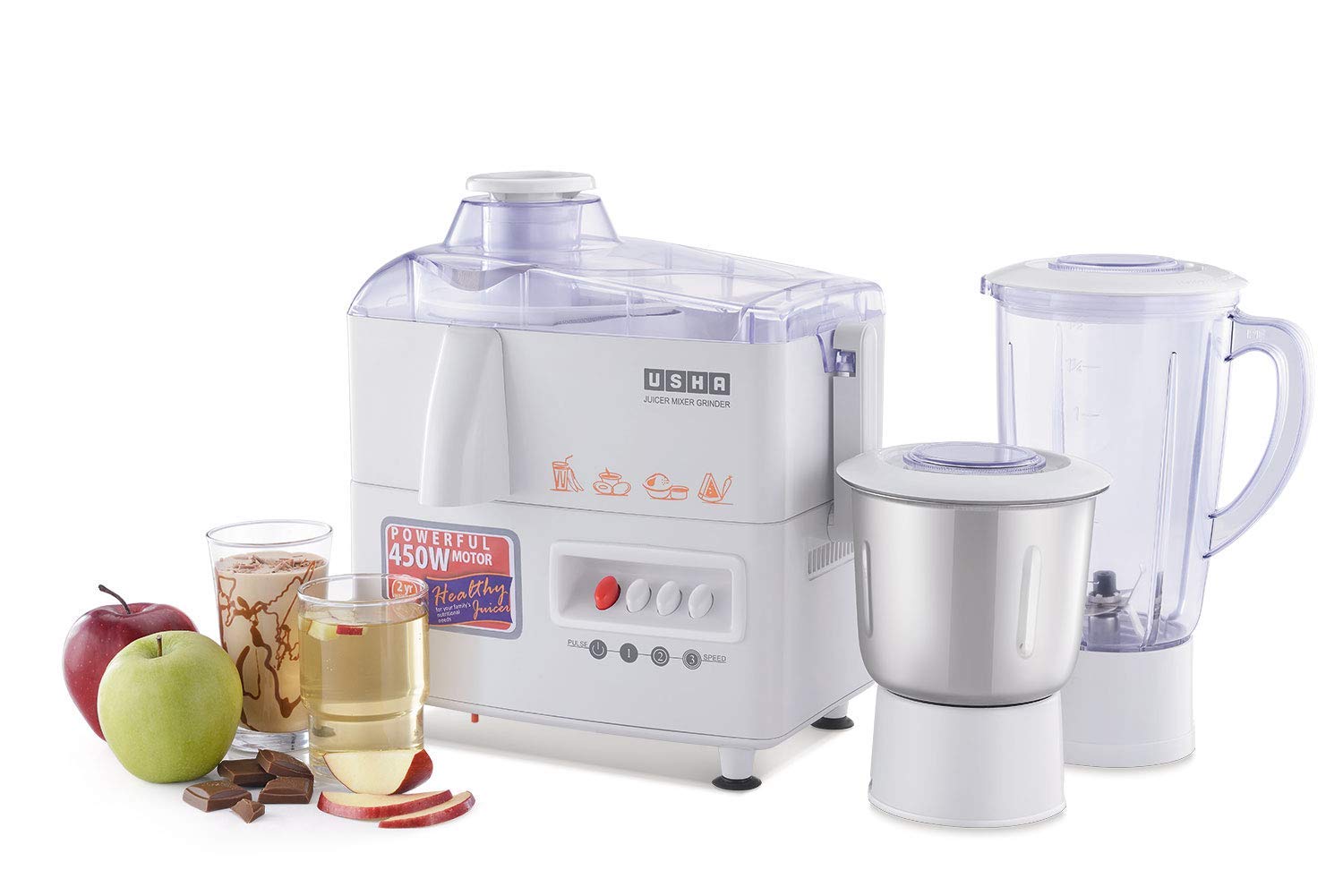 USHA JMG 3345 450W Juicer Mixer Grinder, Fresh Juices & Flavours Made Easy (2 Jars, White)