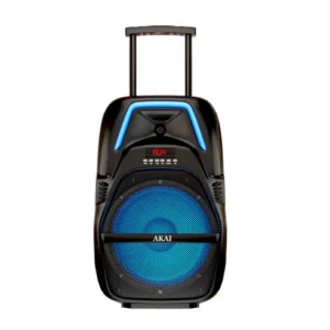 AKAI PartyMate Pro 60W RMS Portable Bluetooth Trolley Speaker with Remote - 1 Year Warranty, Inbuilt 4000 mAh Battery, Karaoke, Outdoor Speaker, Wireless Mic, USB, AUX, USB, 8" Driver (PM-60T)